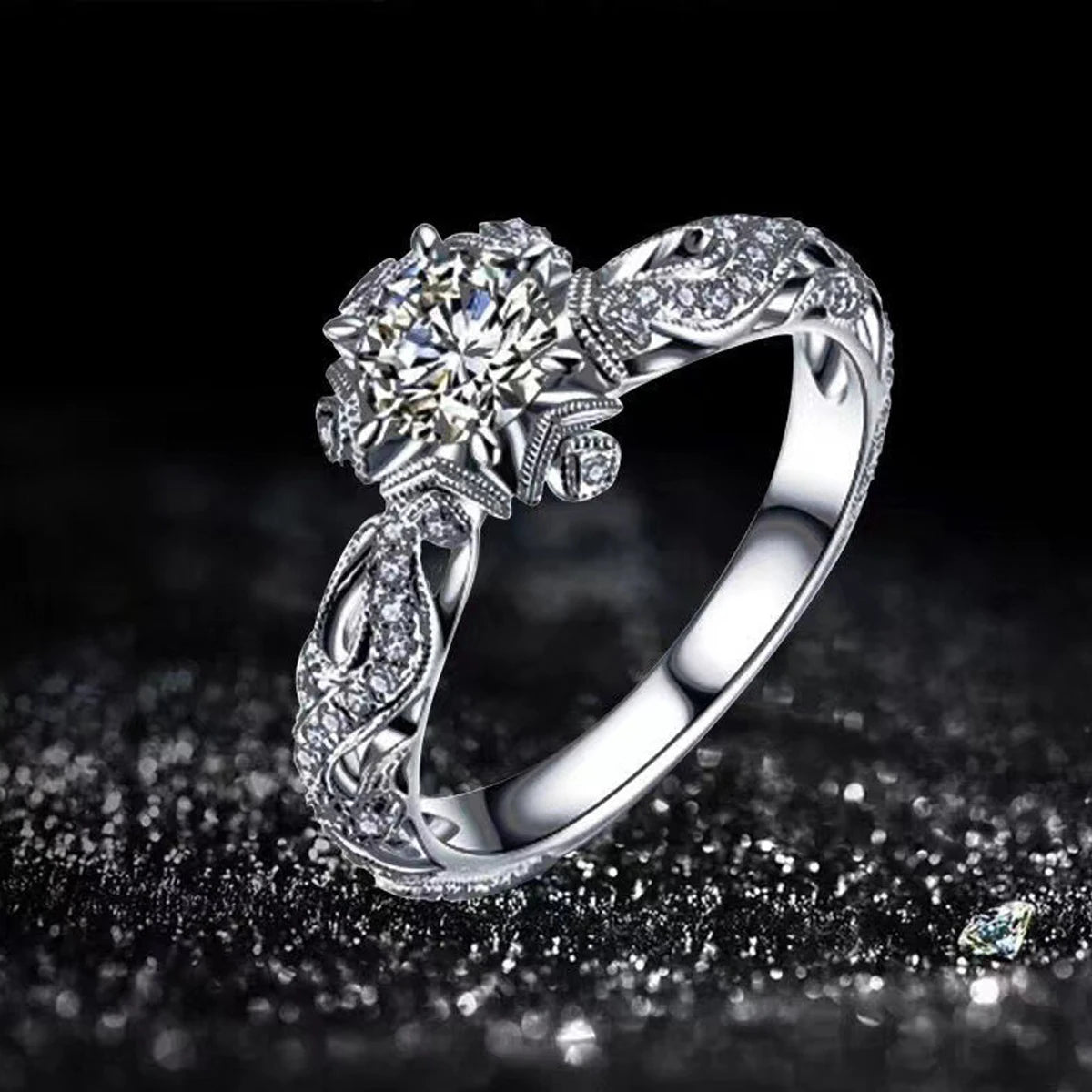 Super Shining Women Fashion Ring Exquisite Silver Color Inlaid Round Flower Stones Wedding Rings for Women Engagement Jewelry