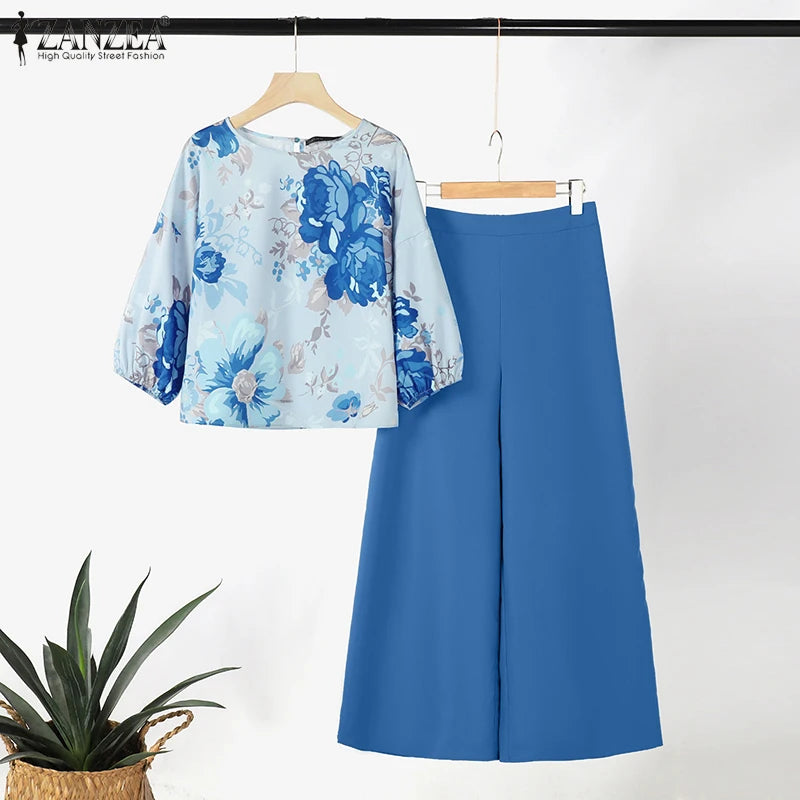 ZANZEA - Conjunto de 2 piezas de chándal para mujer, pantalones de primavera, blusa de manga 3/4, pantalones de pierna ancha, traje informal, conjunto estampado a juego