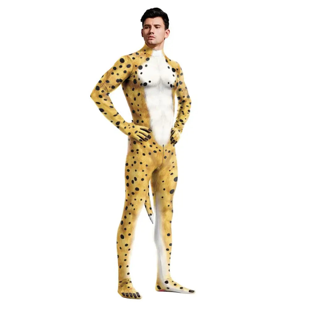 Zawaland Tiger Leopard Cheetah Petsuit for Men Animal Disguise Costume Crotch Zipper Zentai Halloween Carnival Full Bodysuits