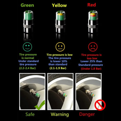 4 indicadores de presión de neumáticos para coche, indicador de presión de neumáticos, alerta de monitoreo, sensor de tapa de válvula, detección de válvula externa.