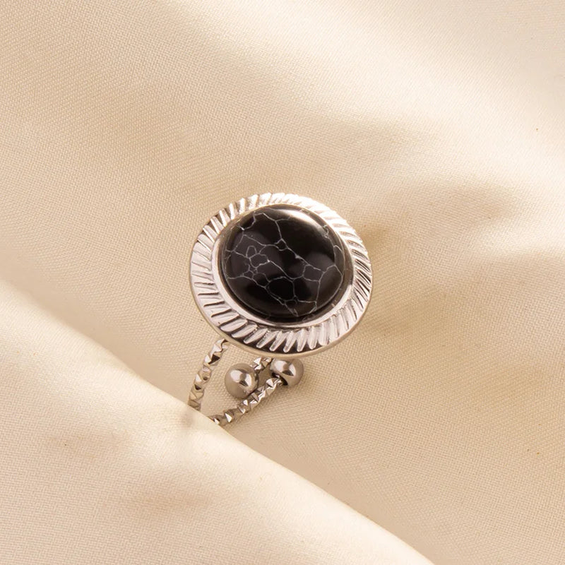 1pc Boho Turquoise Ring Stainless Steel Black Stone Silver Color Adjustable Ring Women Ethnic Ring Bohemian Jewelry Gift No Fade