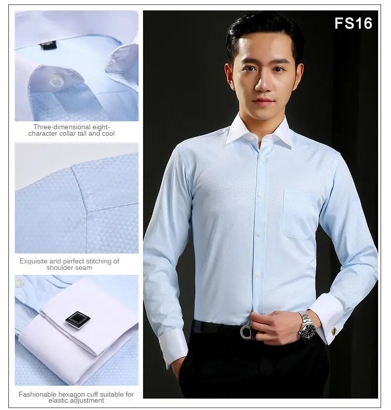 Camisa clásica de vestir para hombre con puños franceses, corte estándar, manga larga, para bodas, fiestas, oficina, trabajo, color blanco