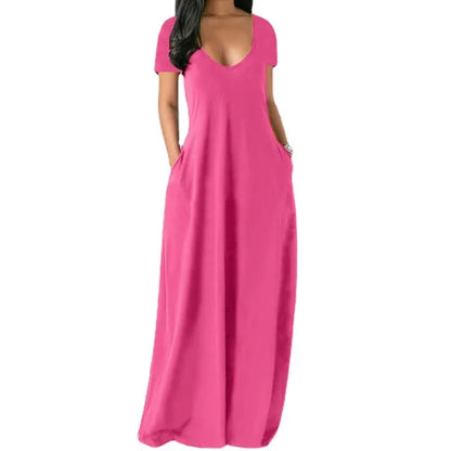 AliExpress Europa e nos Estados Unidos verão transfronteiriço novo plus size vestido de cor sólida sexy profundo V manga curta saia longa