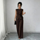 Women's Summer Tie-waist Wide-leg Pants Set Sleeveless Wrap Blazer Top Loose Straight-leg Pants Two-piece Set Comfortable Outfit