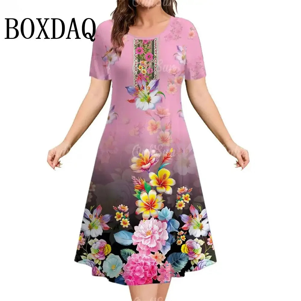 Summer Women Dresses Ethnic Fashion Plus Size Dresses Short Sleeve Elegant Loose Retro Ladies Dresses Casual 3D Printed Clothing