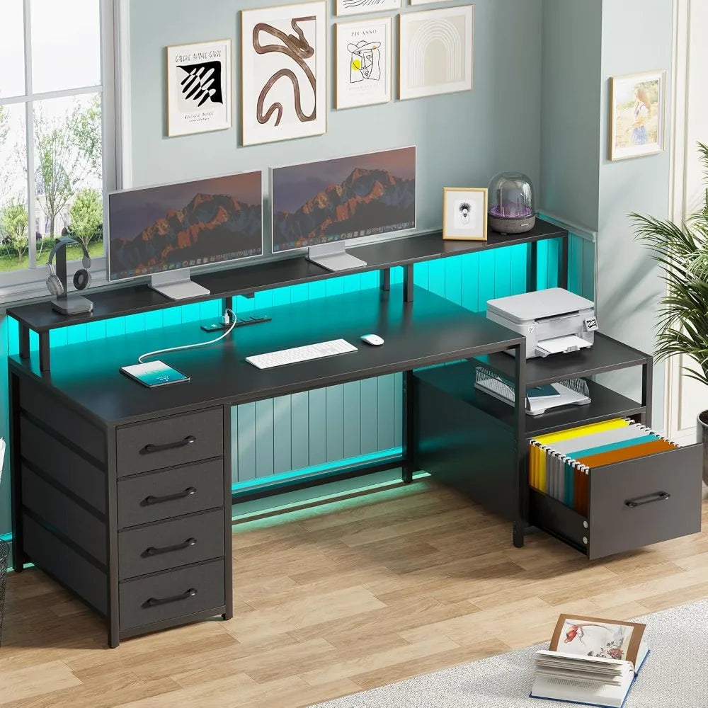 Escritorio de computadora con 5 cajones, toma de corriente y luces LED, escritorio de oficina en casa de 66'' con cajón para archivos, almacenamiento y estante para monitor