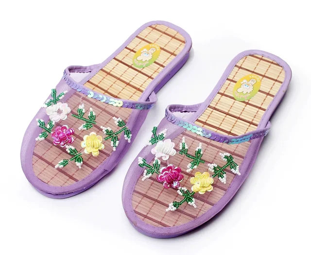 Chinese Knitted Floral Slippers for Women, Slip-on Flats, Flip Flop Loafers, Slides, Mules 