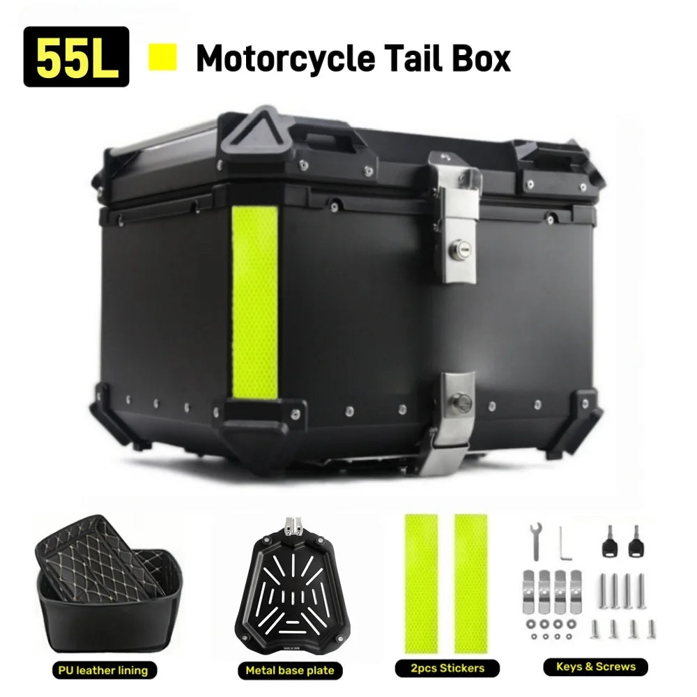 65/55/45L Aluminum Silvery Motorcycle Top Box Waterproof Rear Luggage Case Motorbike Trunk Tail Helmet Box Quick Release Toolbox