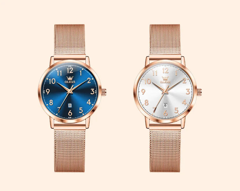 OLEVS 5653 Woman Watches Elegant Original Quartz Watch Waterproof Arabic Numerals Mesh Belt Date Ladies Watch Set Bracelet Watch