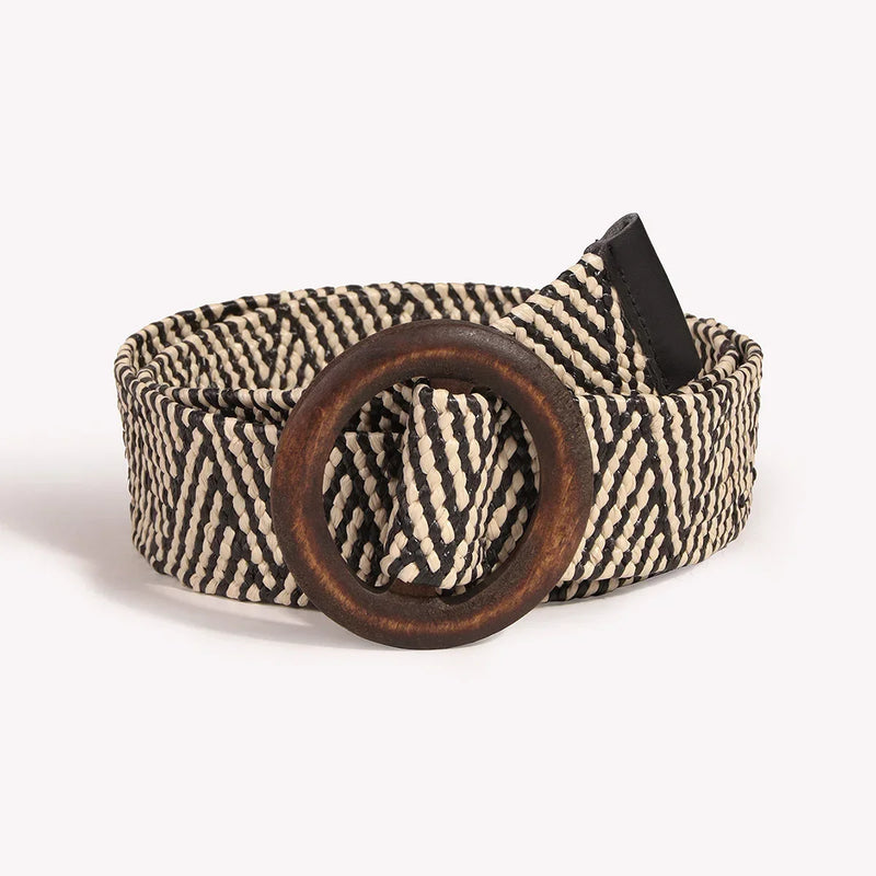 Ladies Round Dark Wooden Buckle Pp Straw Woven Elastic Belt Versatile Summer Fashion Bohemian Style Geometric Pattern