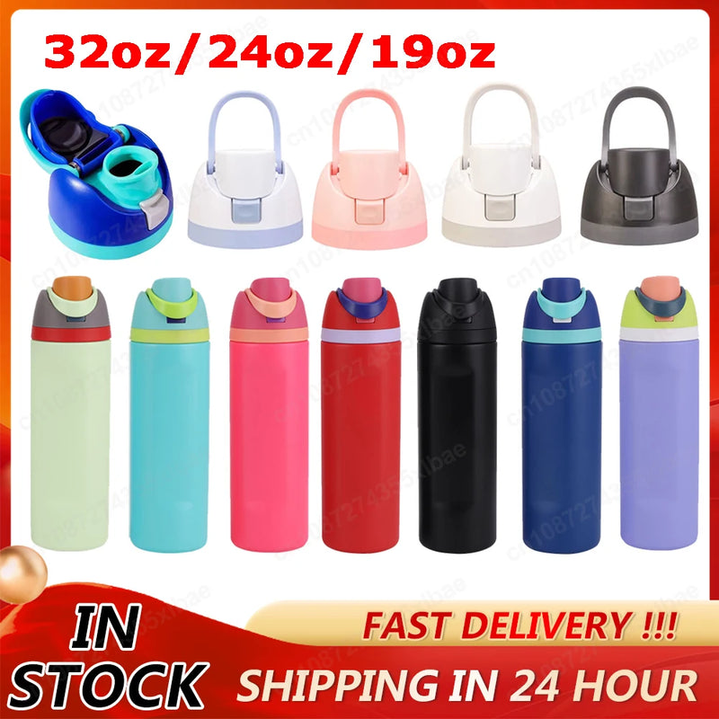 Copo de água portátil com palha e alça, garrafa esportiva, aço inoxidável 304, garrafa de vácuo de viagem, copo térmico, 32 oz, 24 oz, 19oz