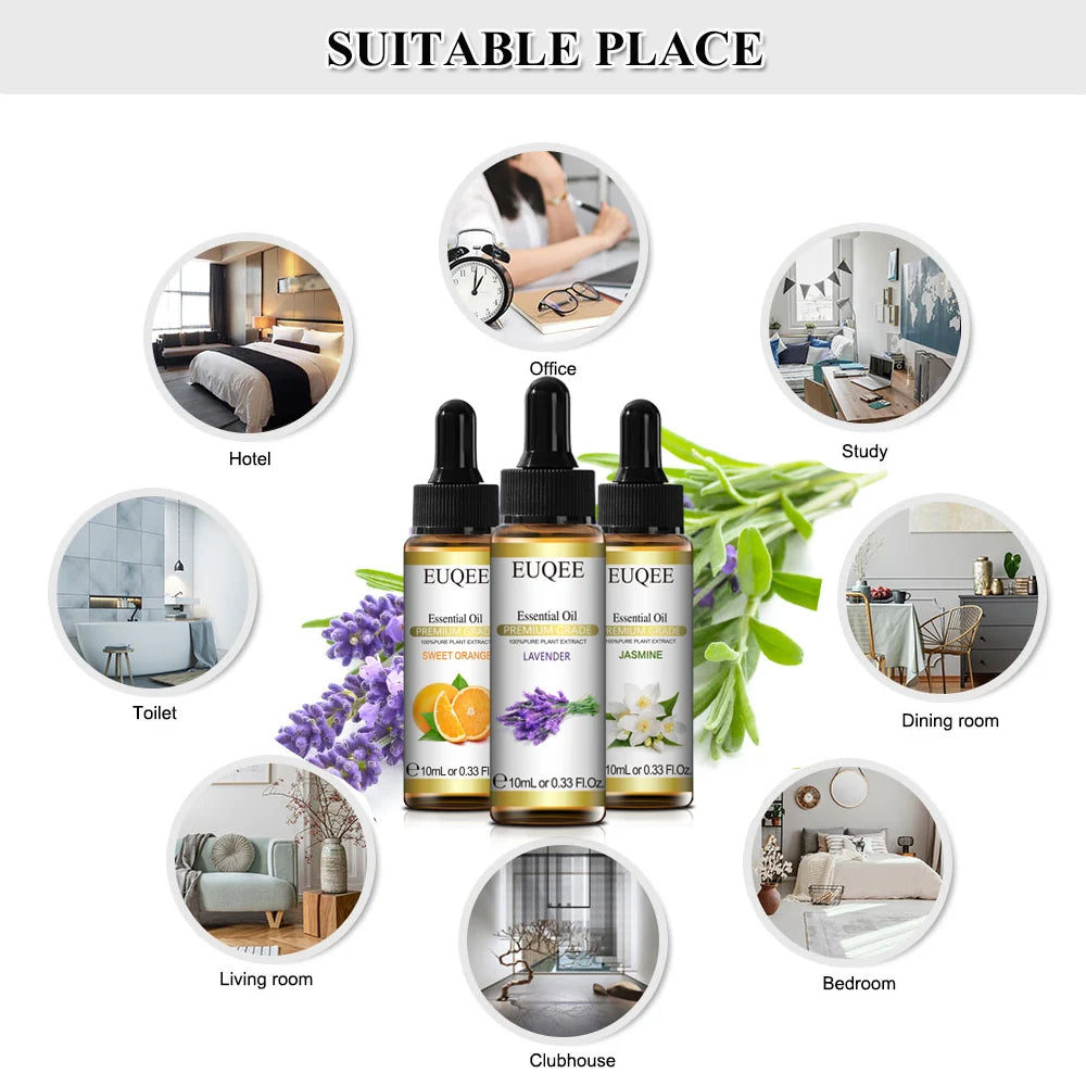 Óleo Essencial Natural de Plantas EUQEE 10ml com Conta-gotas para Difusor e Umidificador – Lavanda, Jasmim, Eucalipto e Baunilha