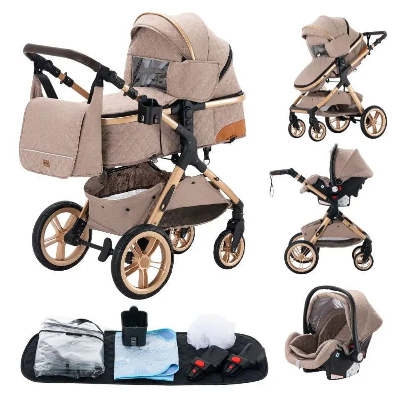 Luxurious Baby Stroller 3 in 1 Portable Travel Baby Carriage Folding Prams High Landscape Aluminum Frame Car for Newborn Baby