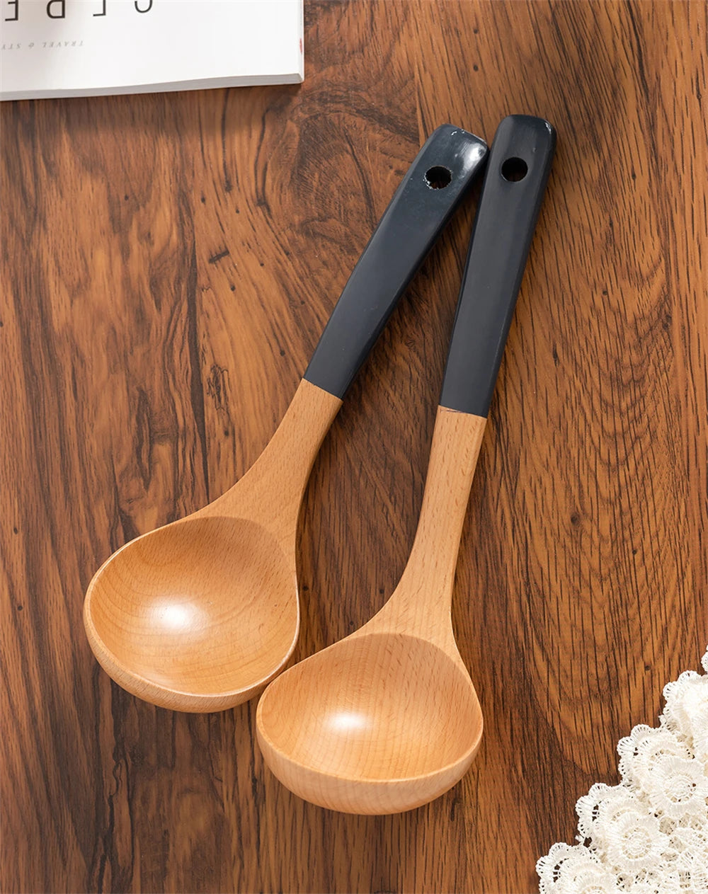 Espátula de madera con mango largo para cocinar, antiadherente, para saltear, resistente al calor, para el hogar, accesorio de cocina