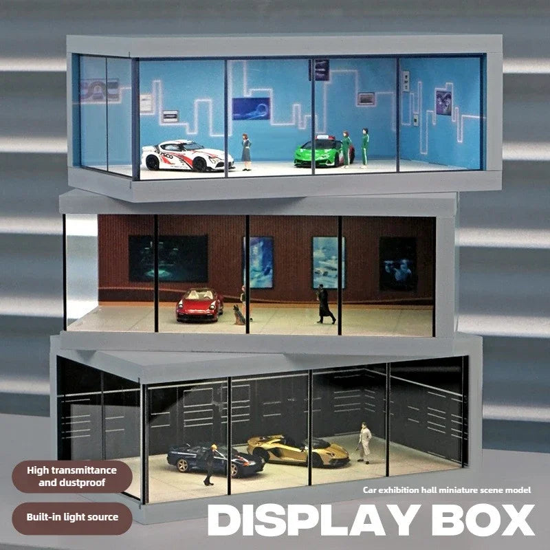 1/64 Simulated Alloy Car Model Showroom for Boy Miniature Acrylic Parking Lot Car Display Stand with Lights Kids Collection Toys