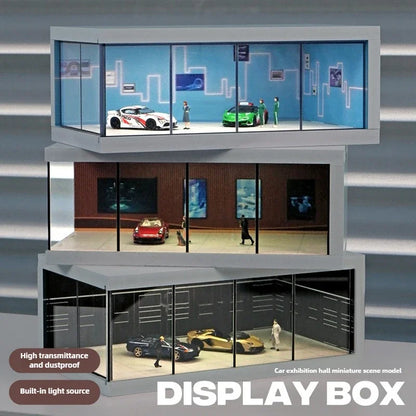 1/64 Simulated Alloy Car Model Showroom for Boy Miniature Acrylic Parking Lot Car Display Stand with Lights Kids Collection Toys