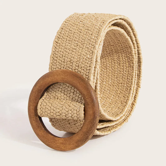 Ladies Round Dark Wooden Buckle Pp Straw Woven Elastic Belt Versatile Summer Fashion Bohemian Style Geometric Pattern