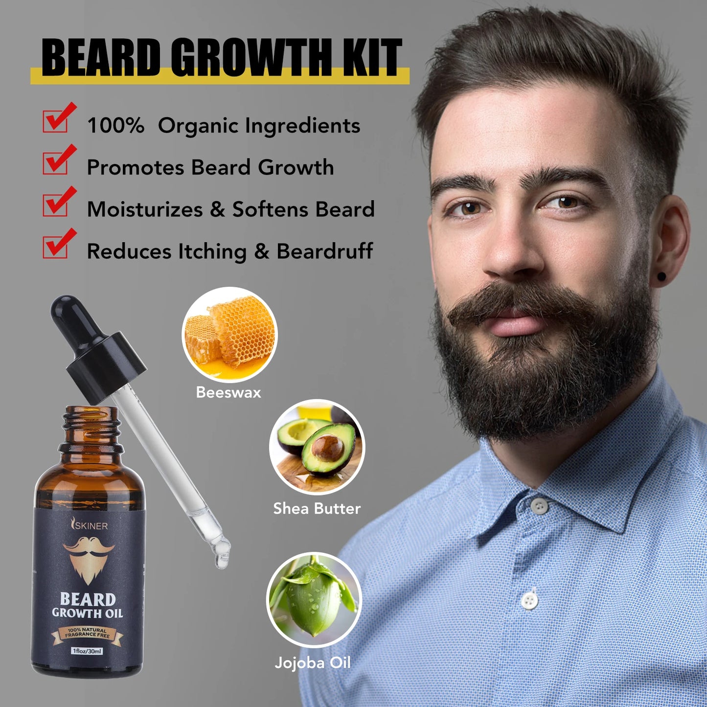 Beard Growth Kit For Men Barbe Hair Enhancerbeard Essential Oil Moisturizing Wax Growth Roller Comb Styling Scissors Beard Care
