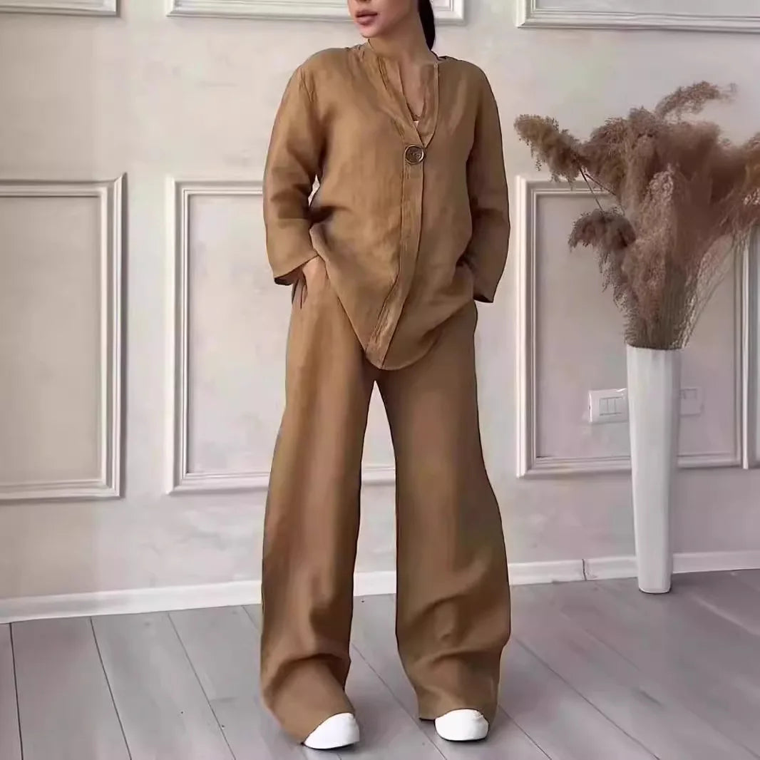 Cotton Linen Sets Two 2 Pieces Sale Casual Long Sleeve Button Loose Blouse Shirt & High Elastic Wide Leg Loose Pant Suits NMD-3021