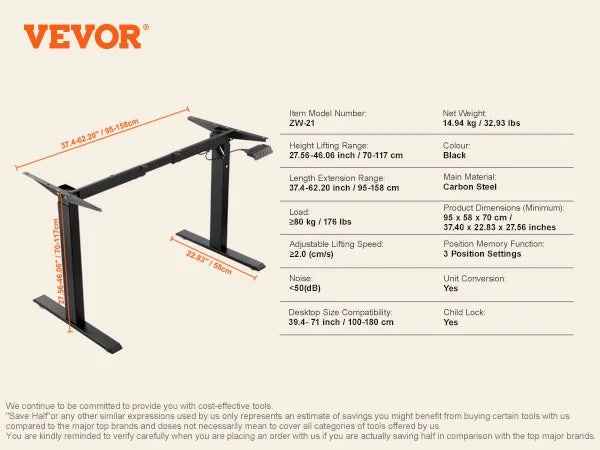 VEVOR-Adjustable Electric Stand Up Computer Desk Legs, Standing Desk Frame, Ergonomic for Home Office, Frame Only, 70-117cm Height 