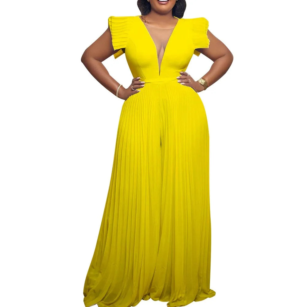Elegant Pleated Jumpsuits & Rompers for Women V Neck Ruffles High Waisted Loose Floor Length Luxury Female Birthday Party Romper