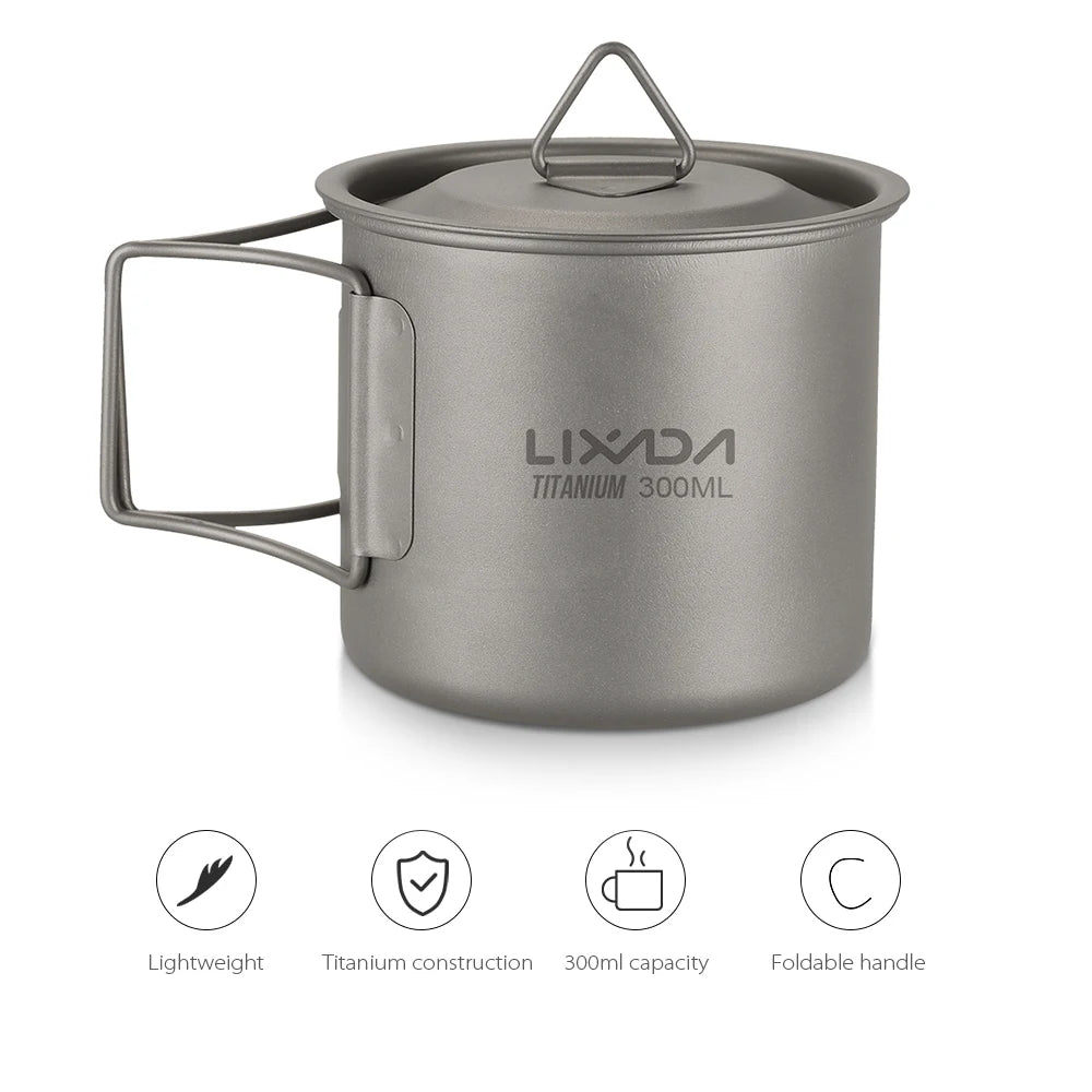 Taza de agua ultraligera de titanio Lixada con asa plegable, portátil para exteriores, camping, picnic, 300 ml/350 ml/550 ml/650 ml