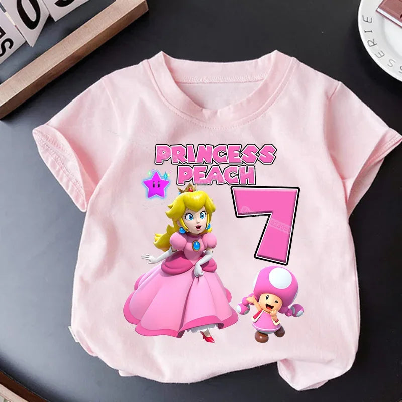New Super Mario Bros Birthday Number T-Shirt Girl Princess Peach Pink Clothes Child Short Sleeve Tops Cotton Tees Kids Party Gift