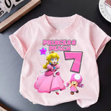 New Super Mario Bros Birthday Number T-Shirt Girl Princess Peach Pink Clothes Child Short Sleeve Tops Cotton Tees Kids Party Gift