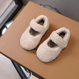 Children Fur Shoes 2025 Winter Kids Warm Plush Shoes For Girl Flat Loafers Moccasins Girls Casual Shoes Khaki, Beige