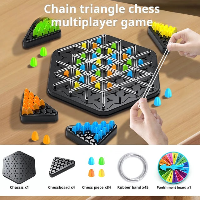 Jogo de xadrez triangular com elástico, jogo de batalha triangular, jogo educativo e interativo presente para festa em família