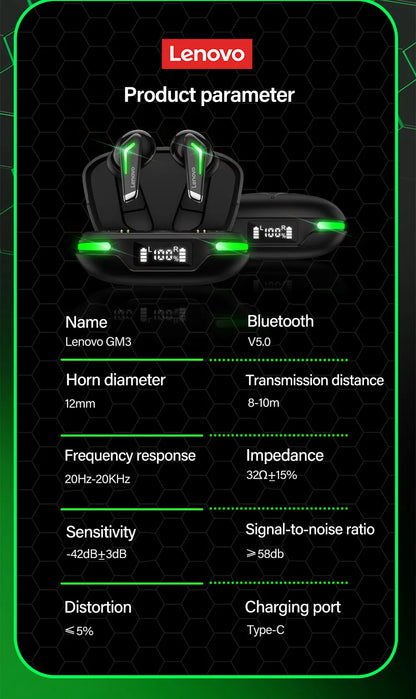 Auriculares deportivos originales Lenovo GM3 Bluetooth 5.0 con reducción de ruido, baja latencia, conexión rápida y modo de espera prolongado.