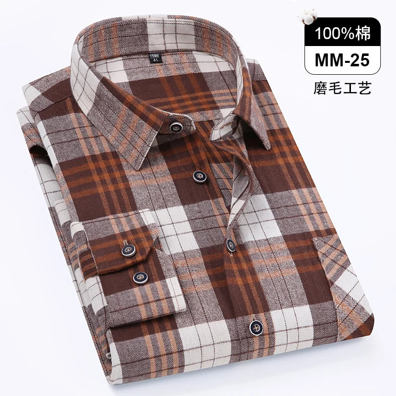 Men Fashion Long Sleeve Brushed Flannel Shirt Single Pocket Comfortable 100% Cotton Casual Slim Fit Button-down Plaid Shirts 8XL