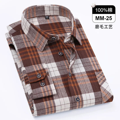 Men Fashion Long Sleeve Brushed Flannel Shirt Single Pocket Comfortable 100% Cotton Casual Slim Fit Button-down Plaid Shirts 8XL