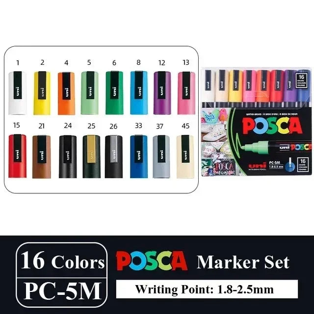 16pcs Japan UNI POSCA Markers Set Acrylic Graffiti Drawing Permanent Waterproof Children's Drawing PC-3M/1M/5M Art Supplies