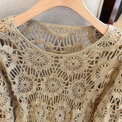 Casual Long Sleeve Elegant cardigan Beading O-neck Chic Vintage Hook Flower Hollow Out Top Plus Size Clothing