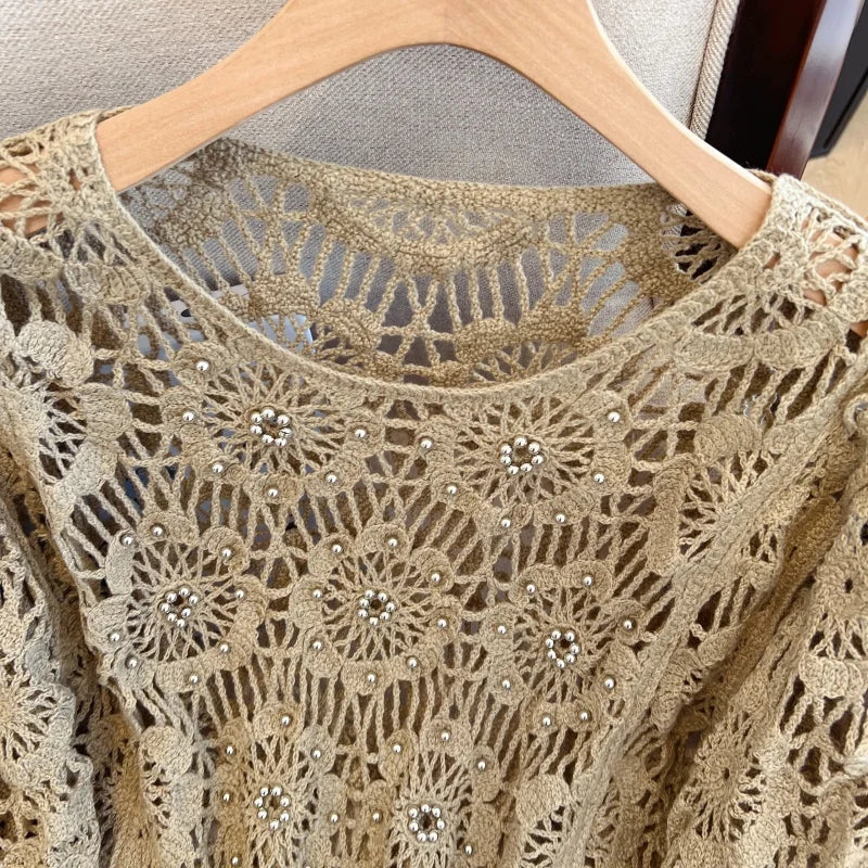 Casual Long Sleeve Elegant cardigan Beading O-neck Chic Vintage Hook Flower Hollow Out Top Plus Size Clothing