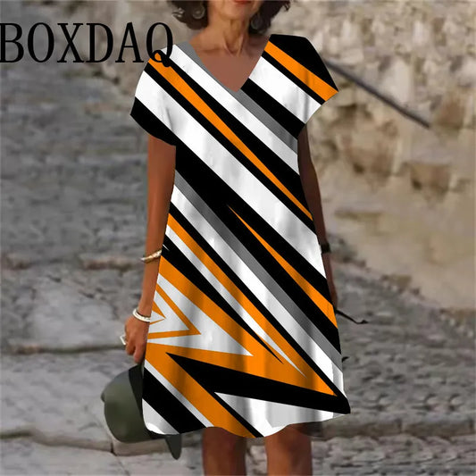 Colorful Stripe Geometry Graphic Dress For Women 2025 Fashion Plus Size Summer Short Sleeve Dress Casual V-Neck Loose Mini Dress