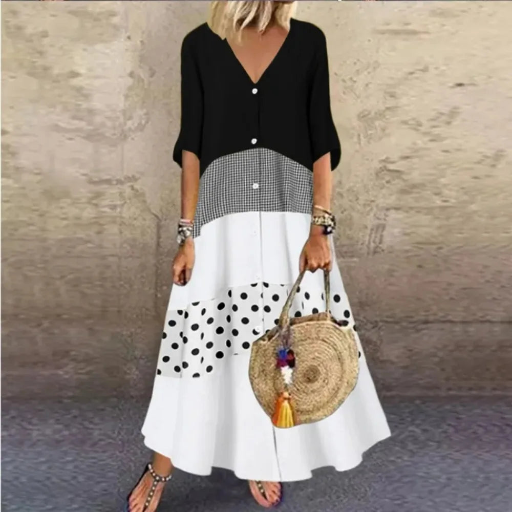 Spring/Summer Women's L-5XL Plus Size Large Size Loose V-neck Short Sleeve Printed Fashion Long Dress Button Loose Large Size