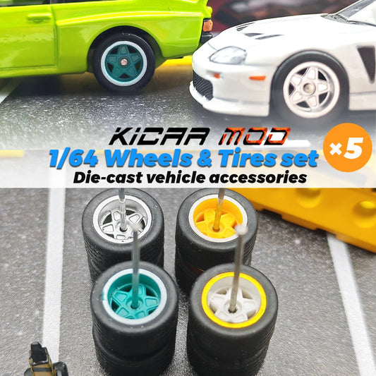 1/64 Wheels with Fixed Black Rubber Tires Pentagram Spokes for Model Cars Refiting Parts for Hotwheels (5 sets for 5 Cars)