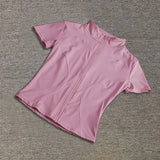 Summer High Quality Waist Slimming Training Tops Women's Quick-drying Tight Stand Collar Full Zipper Short Sleeves Yoga shirts