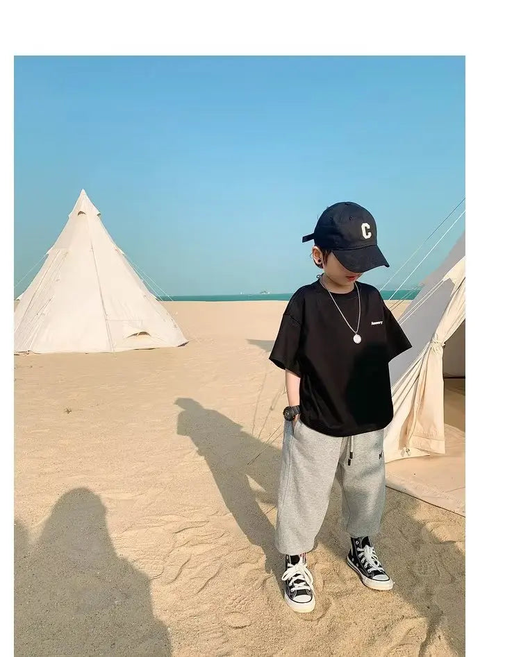 Camiseta de manga corta de verano para niños, Top de cuello redondo para niños pequeños y medianos, moda informal versátil de media manga