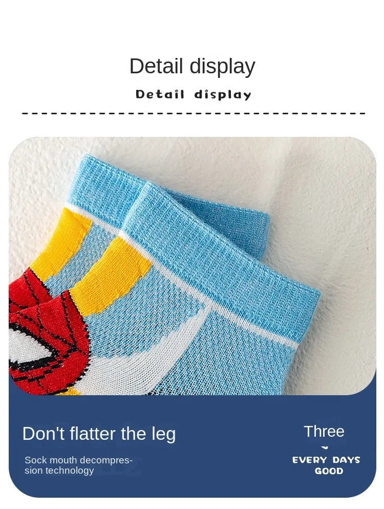 5 Pairs Children Socks Spider-Man Kids Boys Short Socks Iron Man Captain America Cartoon Baby Summer Spring Mesh Socks 1-12Y