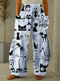 Women's Oversized Casual Pants Loose Fit Cat Letter Pattern Printed With Pockets Fashionable Women's Street Elegant Loose Pants