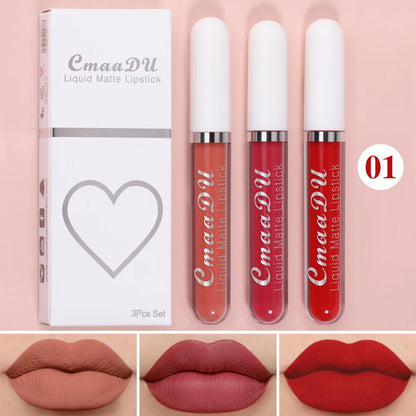 Juego de 3 brillos labiales de terciopelo mate, resistentes al agua, de larga duración, líquidos, cosméticos, maquillaje que dura 24 horas.