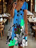 Casual Plant Flower 3D Print Dresses For Women 2025 Summer Retro Short Sleeve V-Neck Midi Dress Fashion Loose Plus Size Clothing