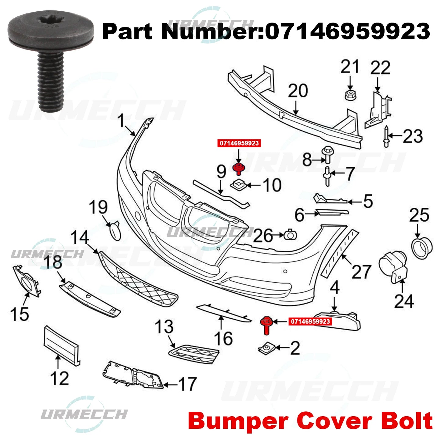 Tornillo de cabeza Torx T30 para BMW Serie 1, 3, 5 y 6, soporte de faro delantero, soporte superior central del radiador, M6 x 18, 07146959923