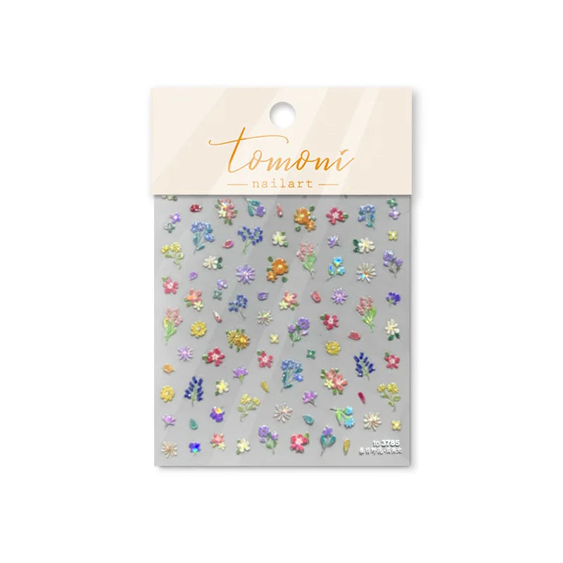 Colorful Sparkling Glass Fragment Spring Wildflowers High Quality Adhesive Flash Nail Stickers Art Decorations Design T-3784