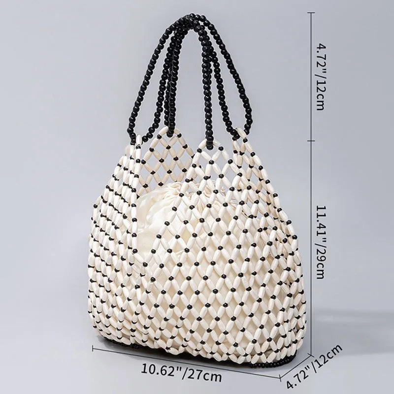 Handmade Woven Beaded Handbag For Women Exquisite Hollow-out Wooden Beaded Shoulder Bag Female Beach Bag
