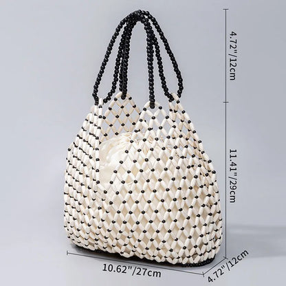 Handmade Woven Beaded Handbag For Women Exquisite Hollow-out Wooden Beaded Shoulder Bag Female Beach Bag