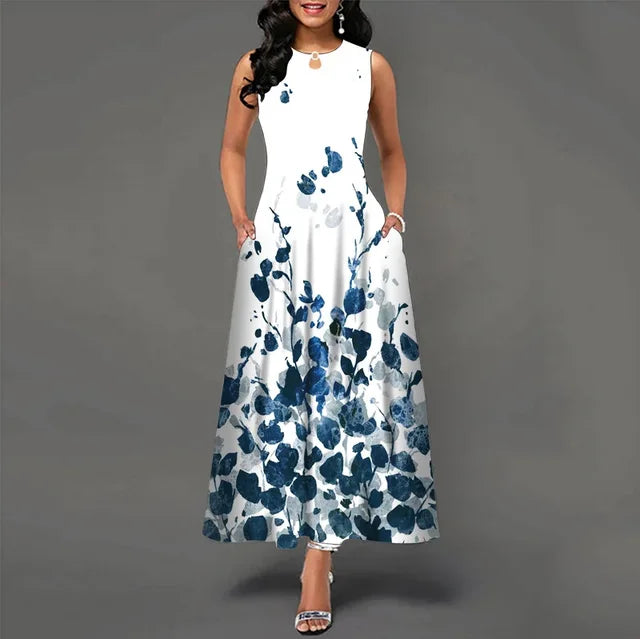 Women's V-neck Sleeveless Long Dress Retro Bohemian Dresses Floral Print Swing Casual New 